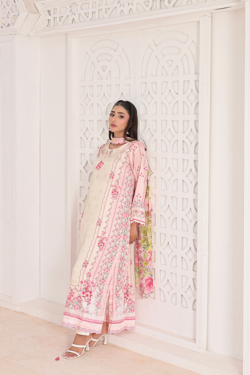 Ivory Bloom | 3 Piece Long Shirt Set with Dupatta