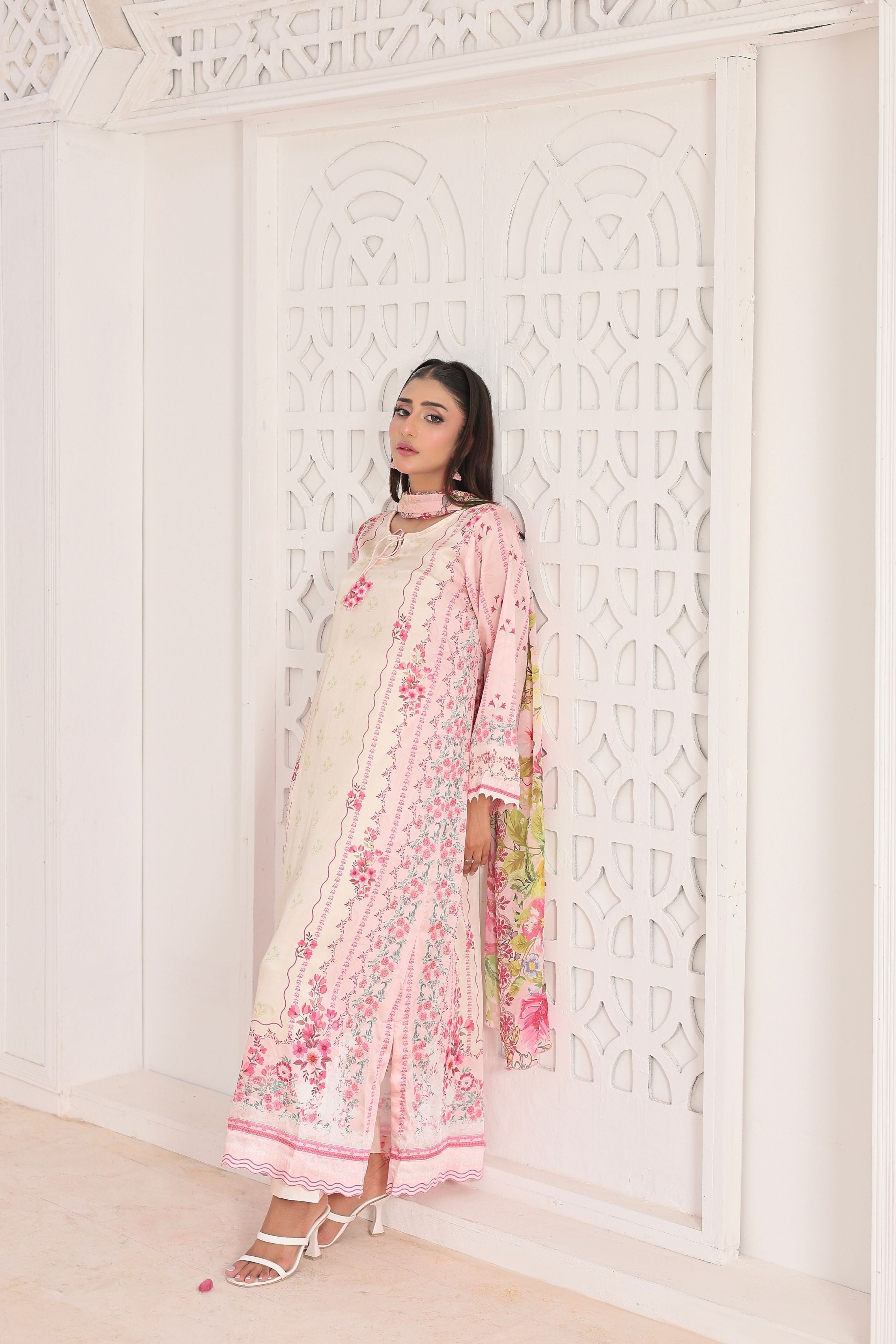 Ivory Bloom | 3 Piece Long Shirt Set with Dupatta