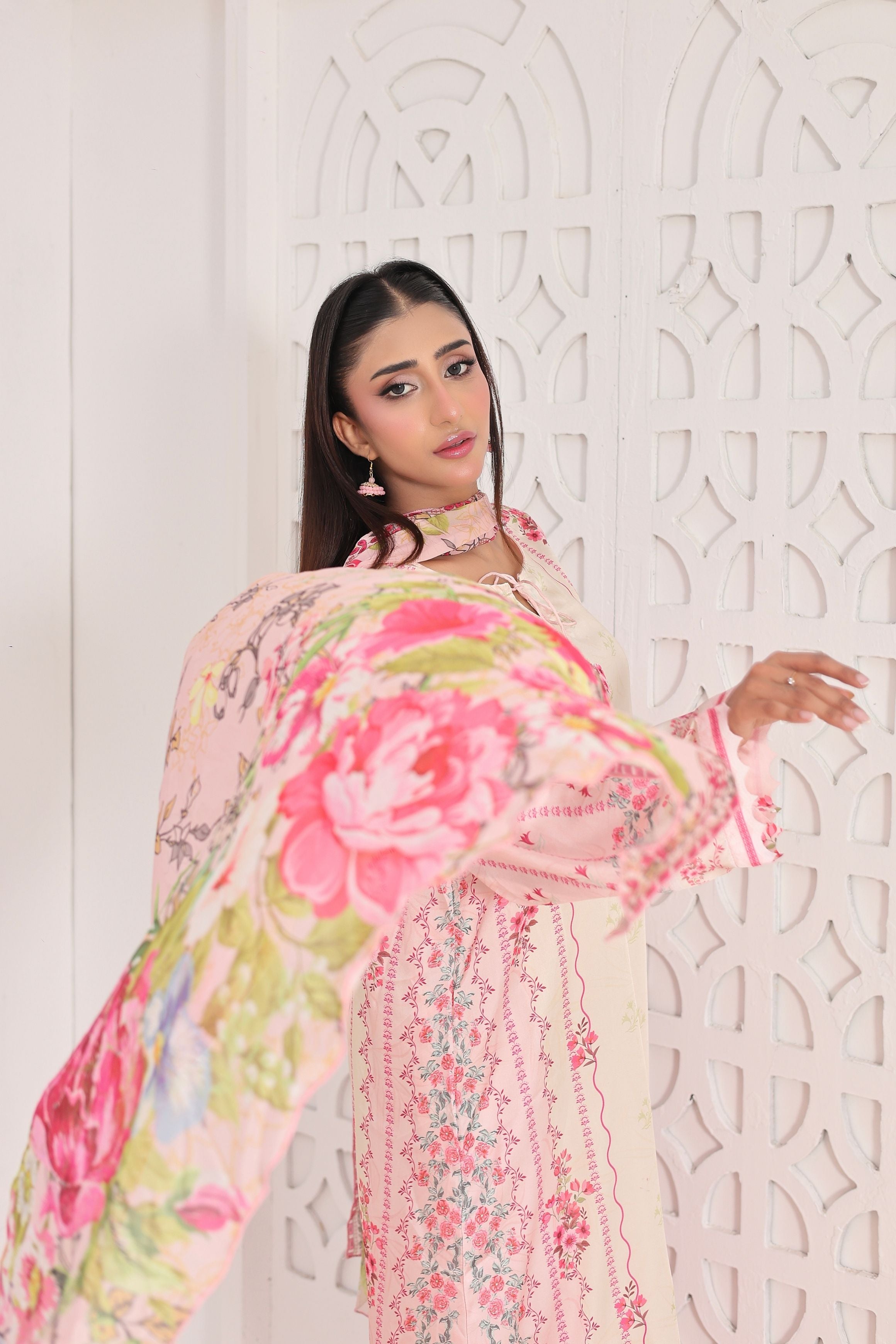 Ivory Bloom | 3 Piece Long Shirt Set with Dupatta