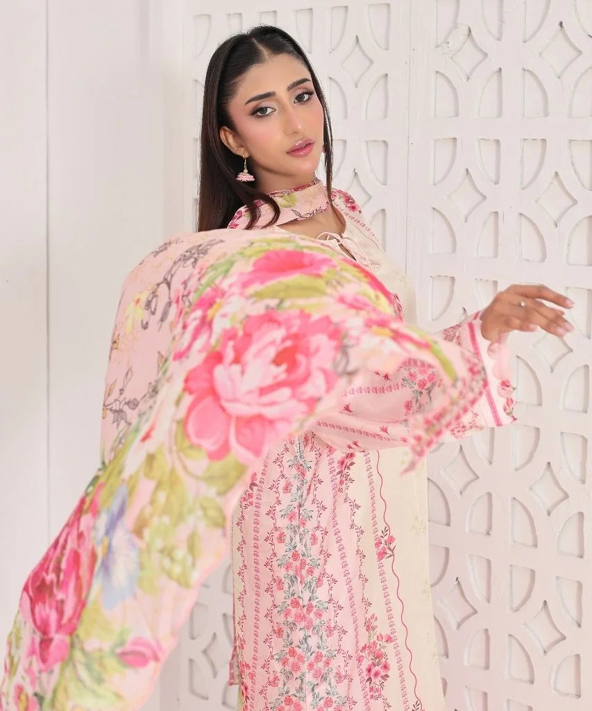 Ivory Bloom | 3 Piece Long Shirt Set with Dupatta