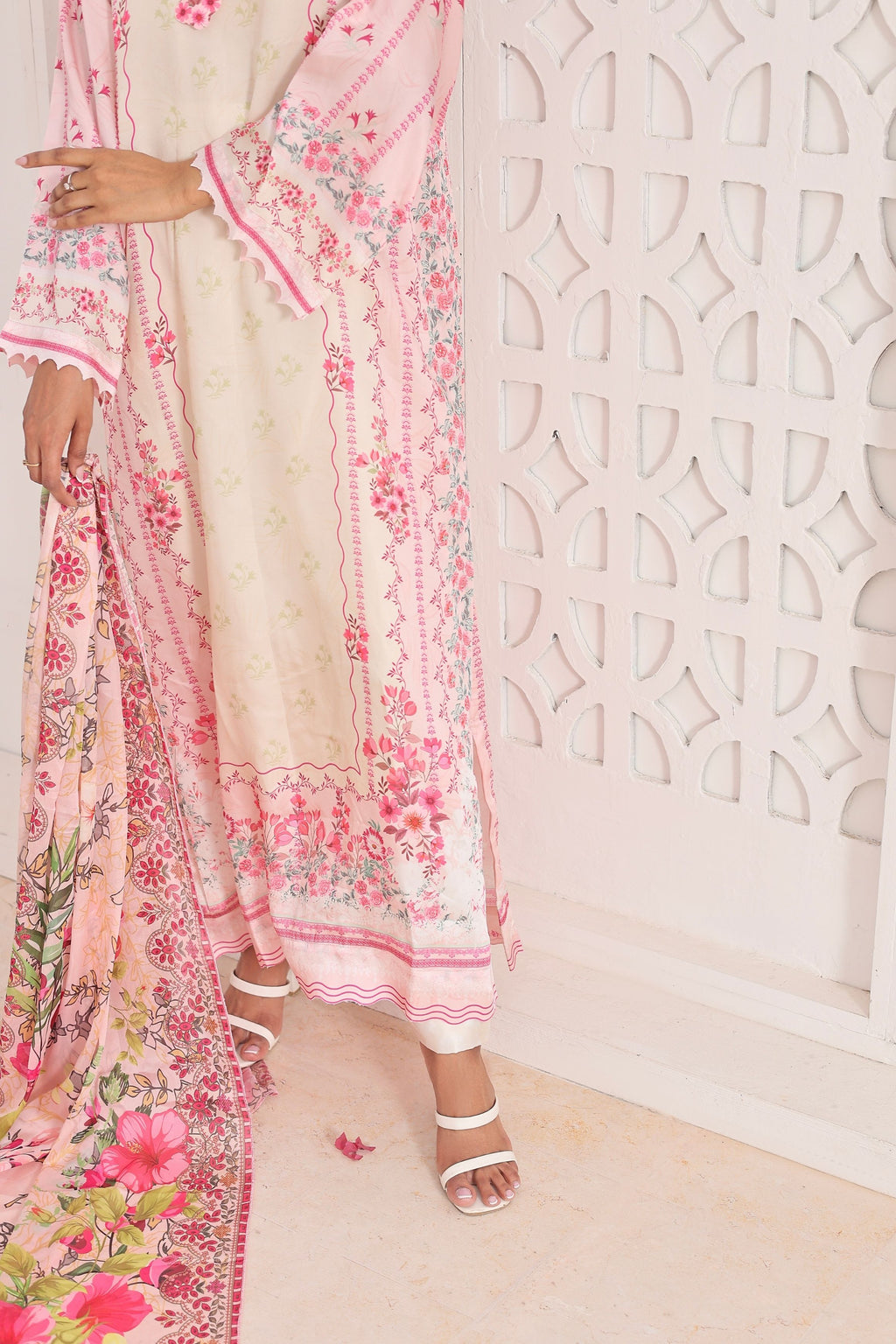 Ivory Bloom | 3 Piece Long Shirt Set with Dupatta