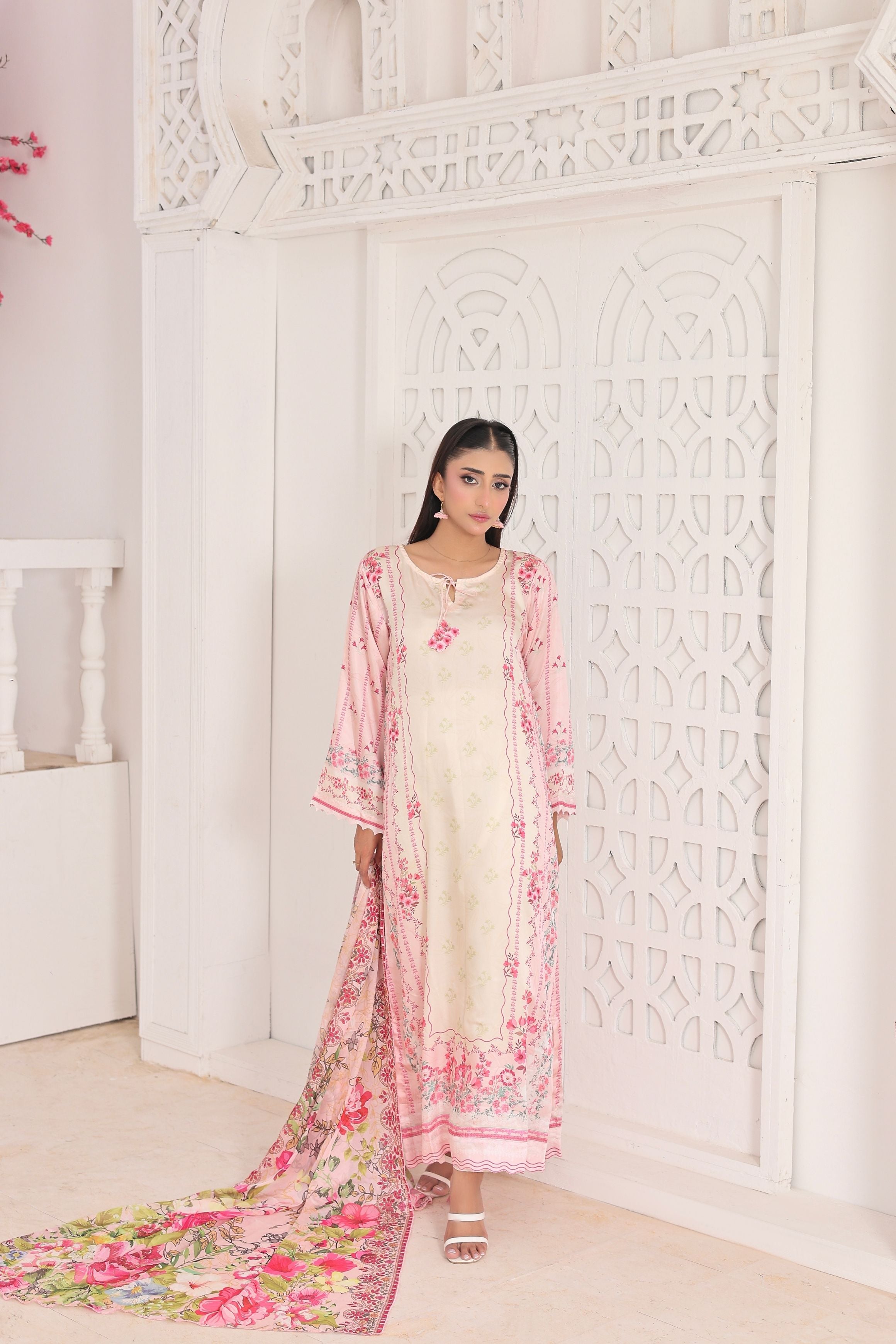 Ivory Bloom | 3 Piece Long Shirt Set with Dupatta