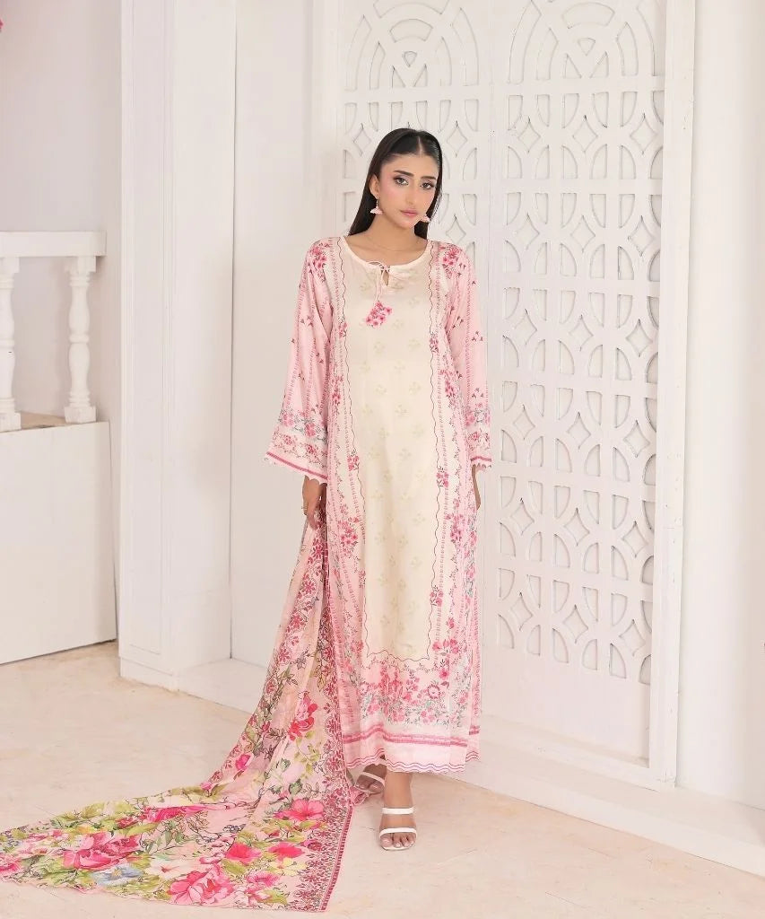 Ivory Bloom | 3 Piece Long Shirt Set with Dupatta