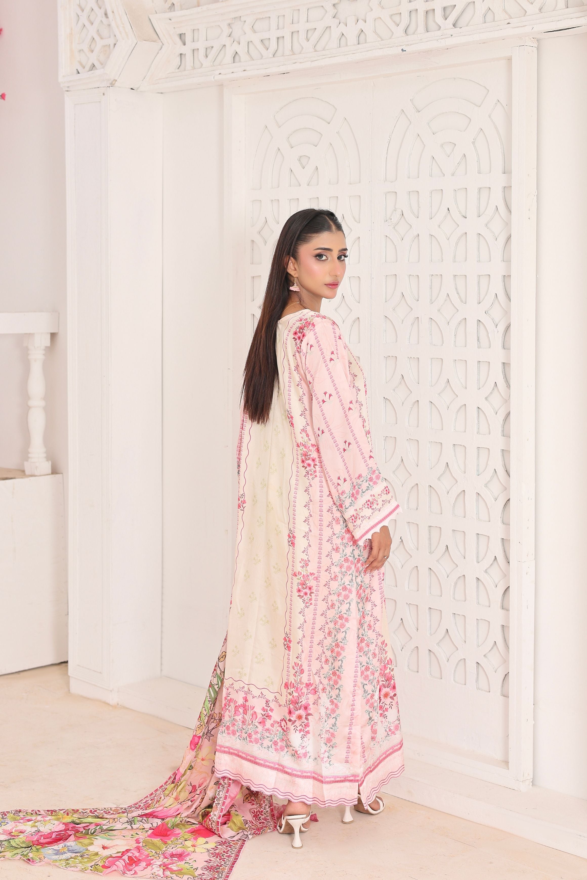 Ivory Bloom | 3 Piece Long Shirt Set with Dupatta
