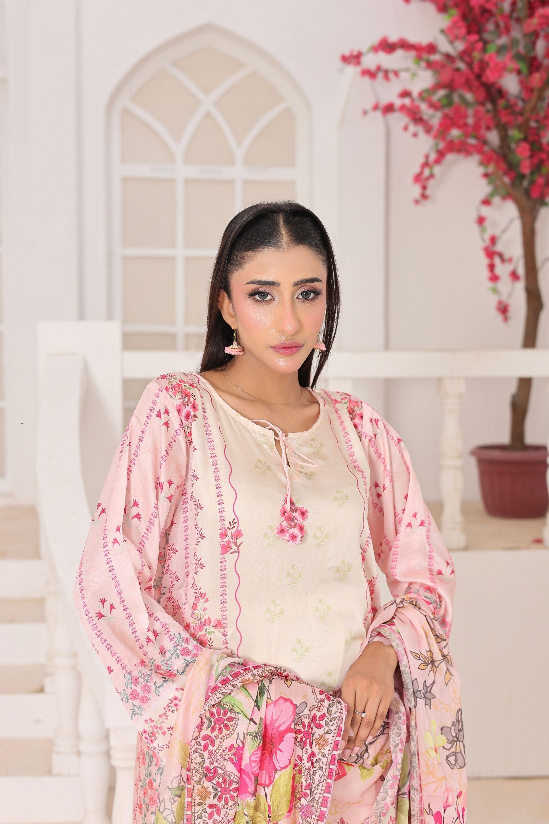 Ivory Bloom | 3 Piece Long Shirt Set with Dupatta