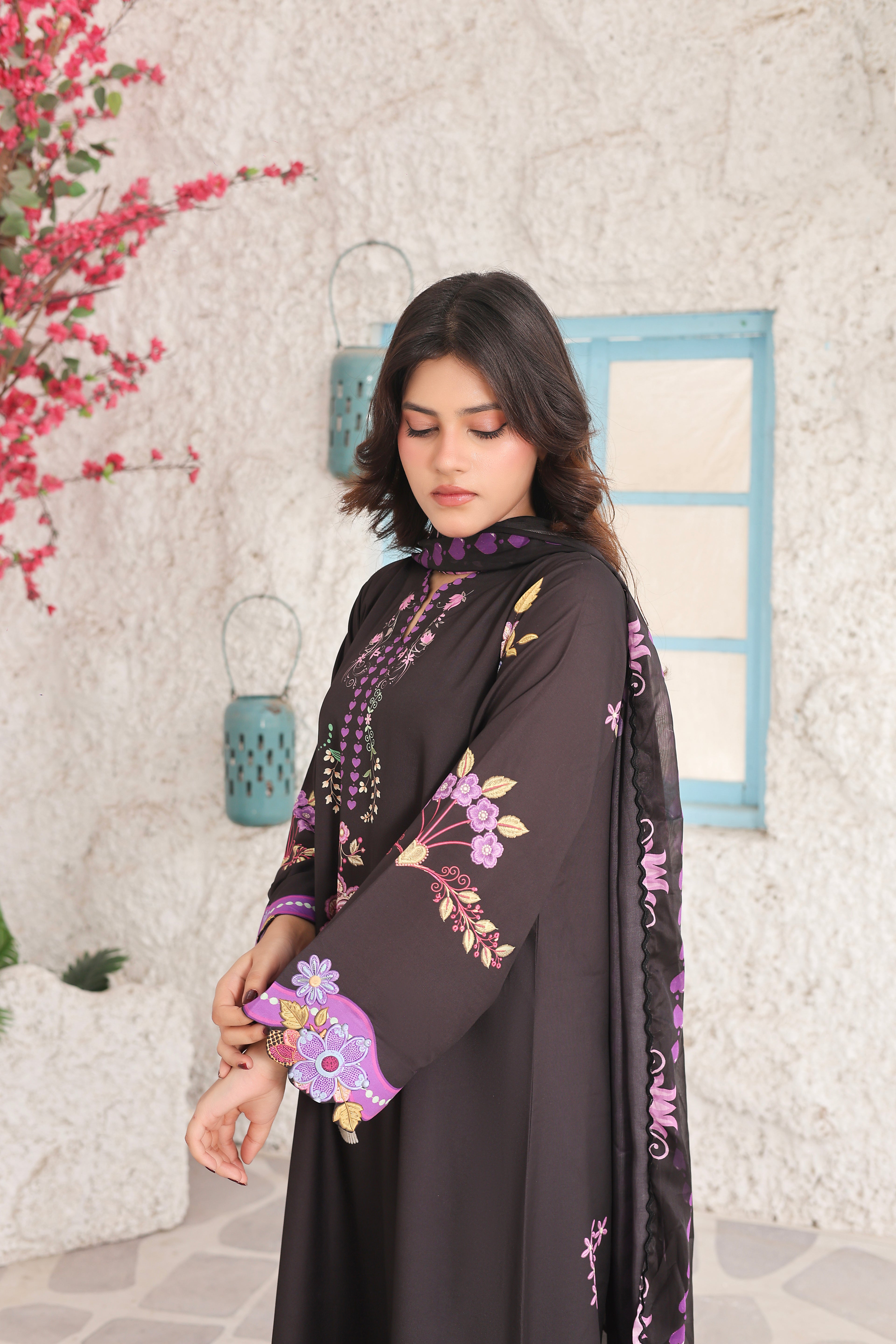 Midnight Black | 3 Piece Long Shirt Set with Dupatta