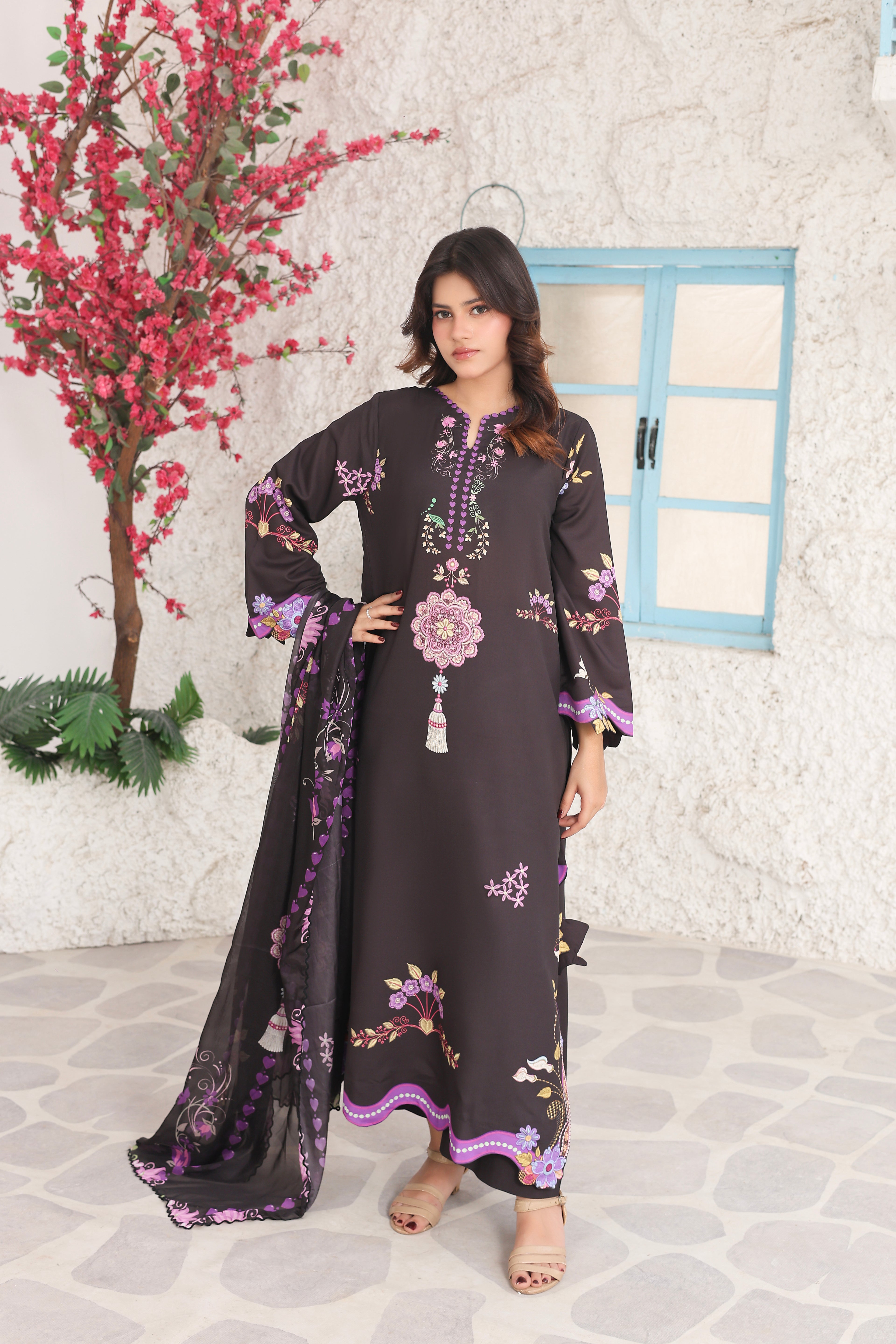 Midnight Black | 3 Piece Long Shirt Set with Dupatta