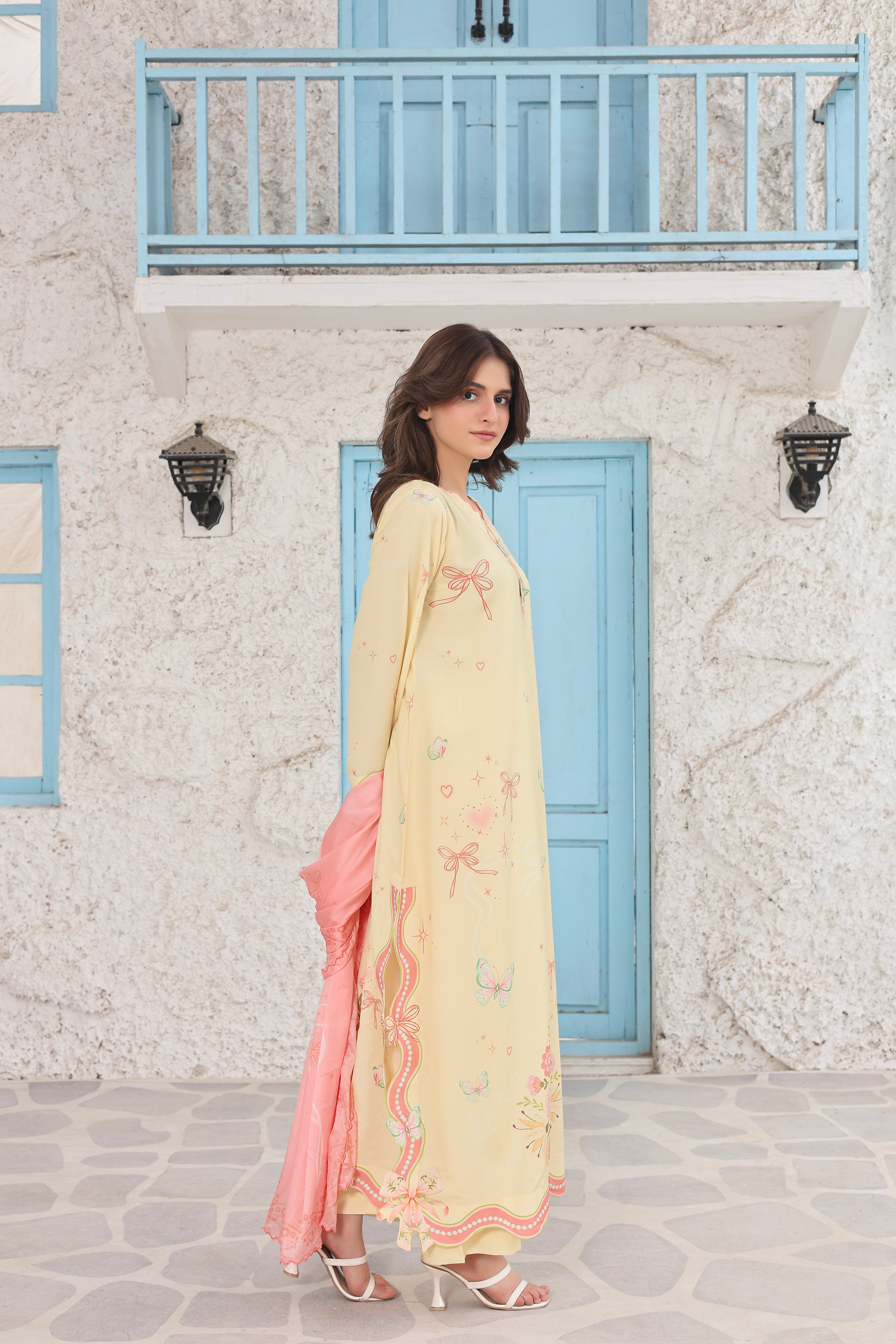 Buttercup Ribbons | 3 Piece Long Shirt Set with Dupatta