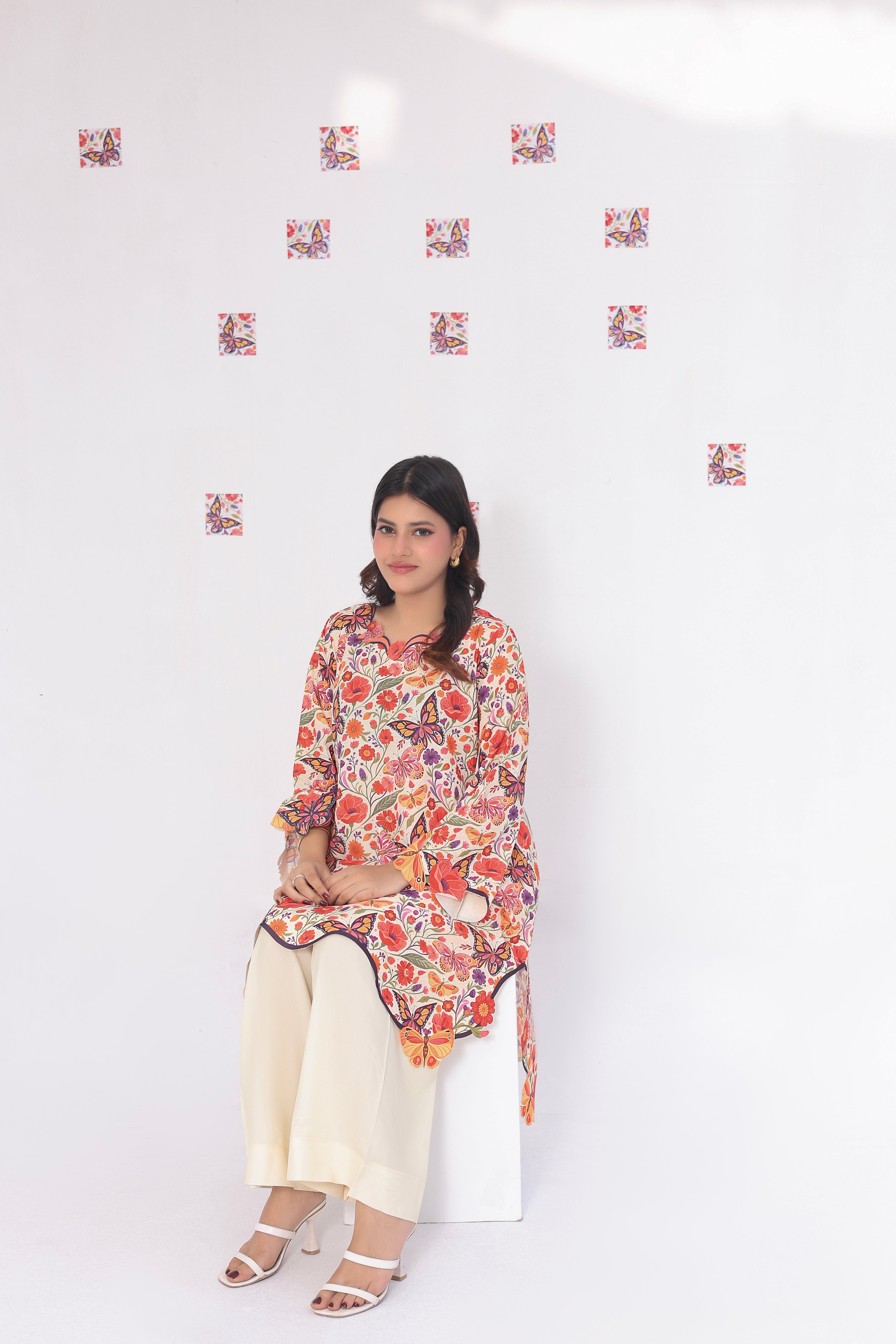Cream Butterfly | 2 Piece Short Shirt Set