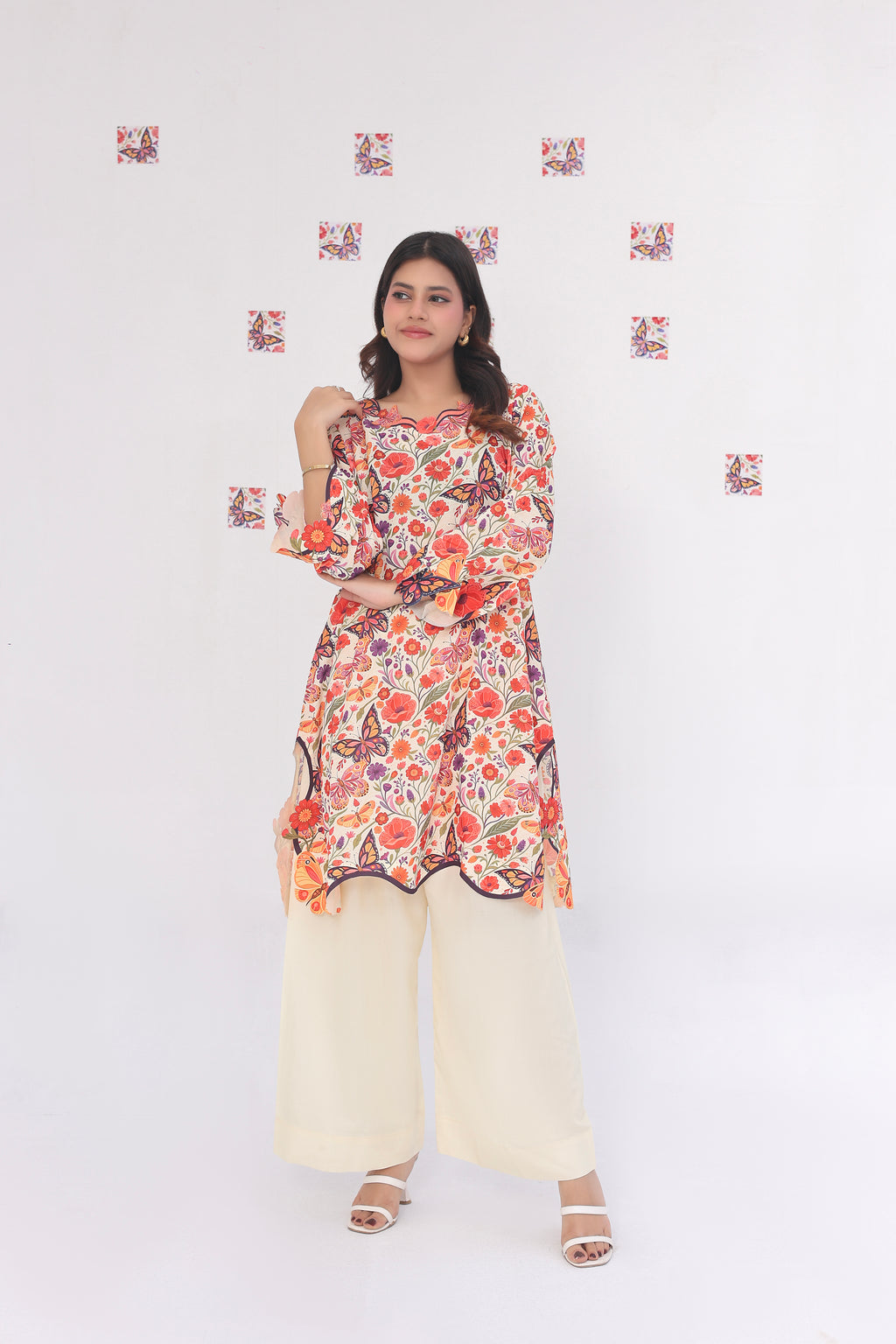 Cream Butterfly | 2 Piece Short Shirt Set