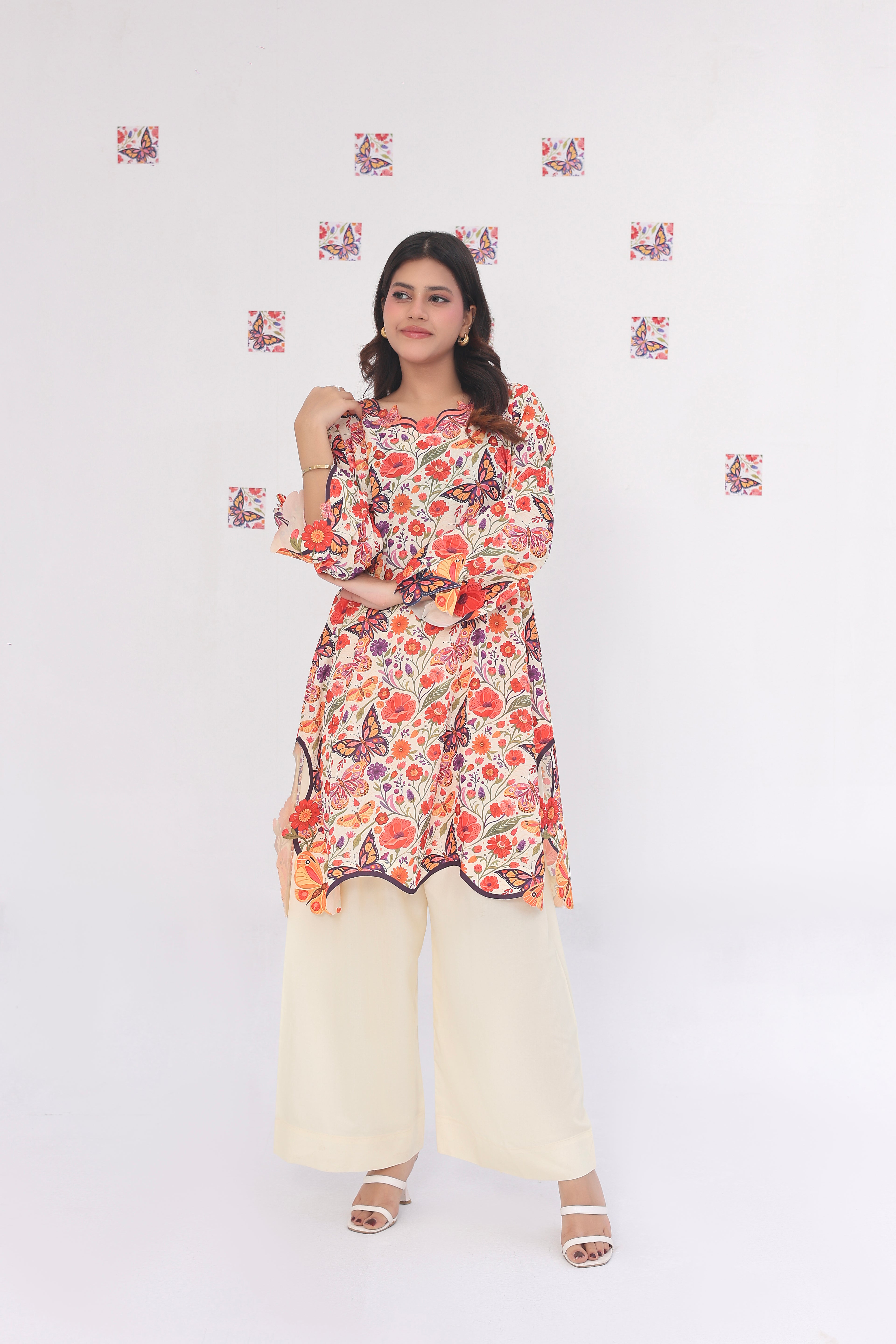 Cream Butterfly | 2 Piece Short Shirt Set