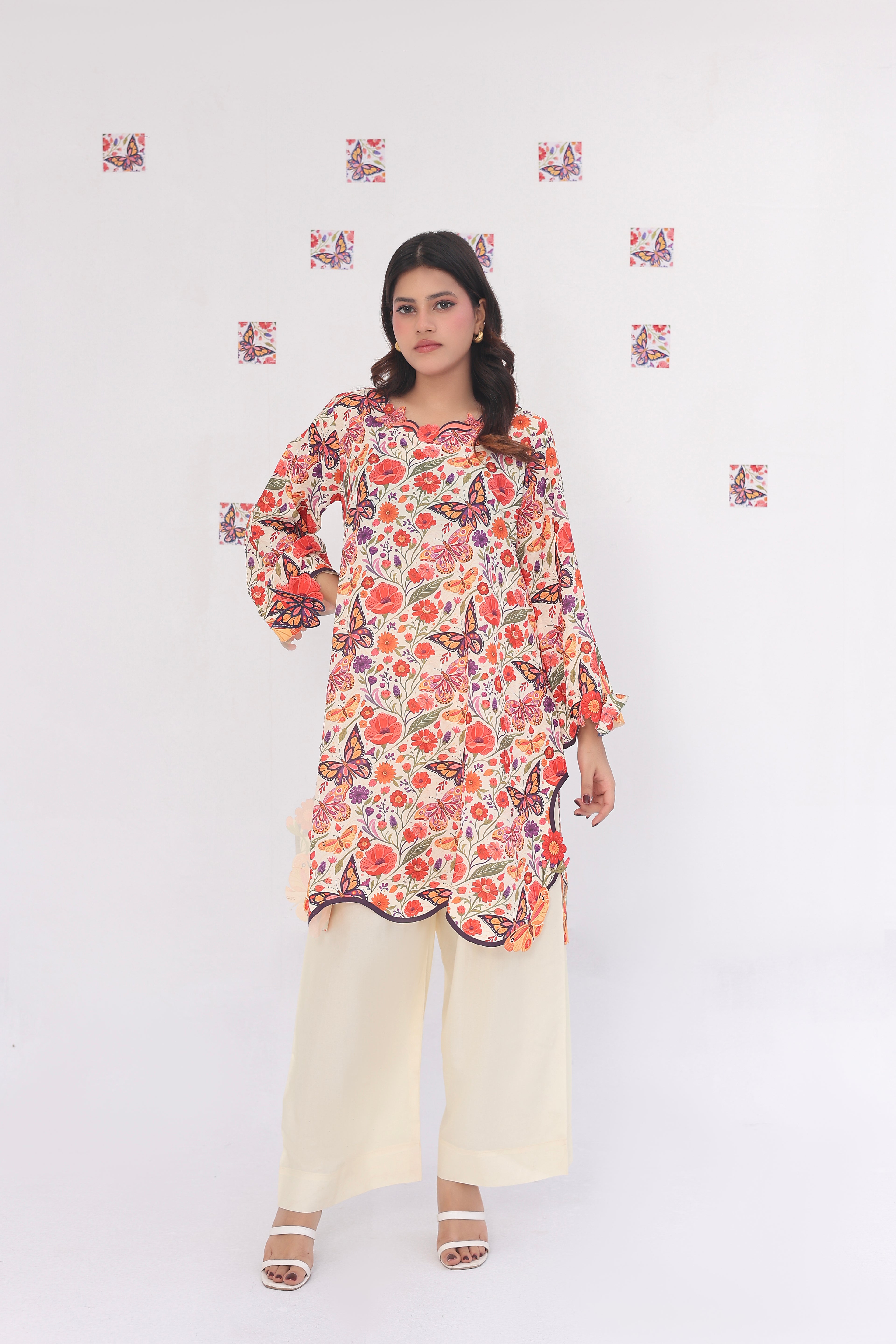 Cream Butterfly | 2 Piece Short Shirt Set