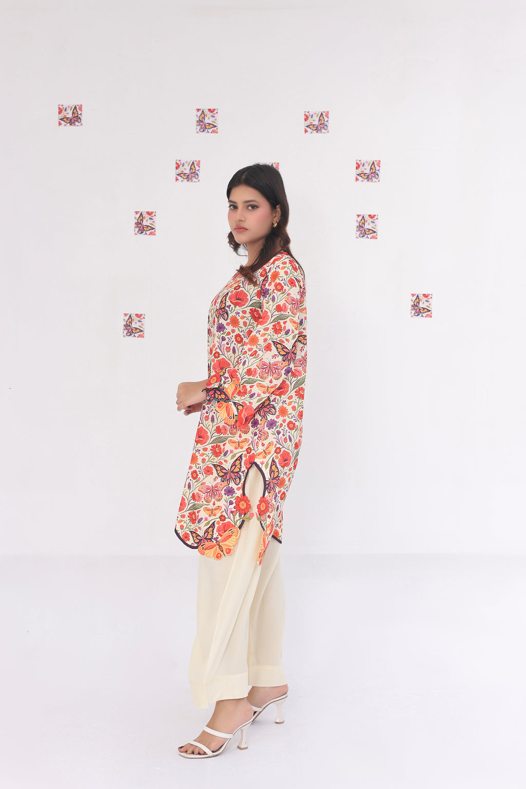 Cream Butterfly | 2 Piece Short Shirt Set